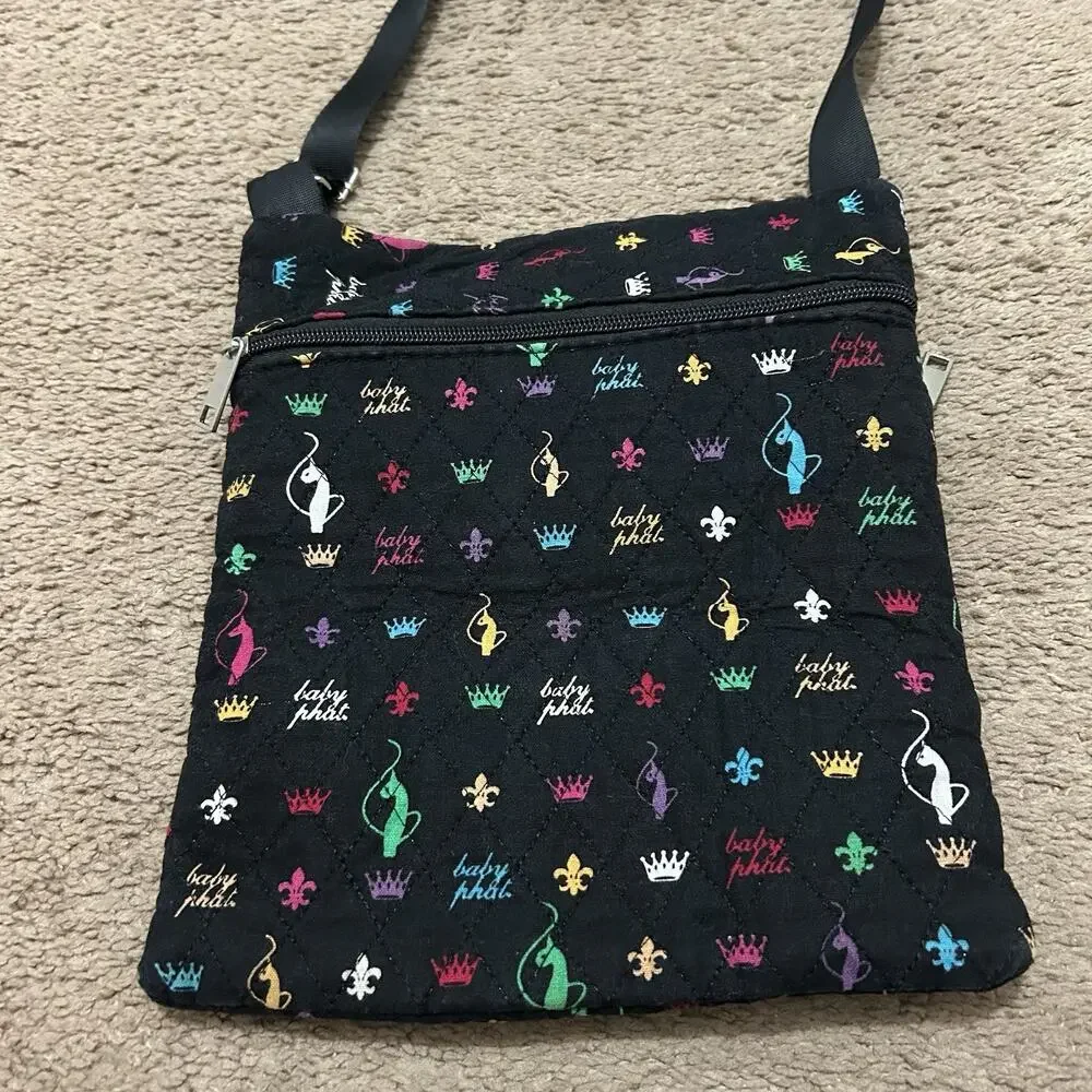 Y2K Baby Phat Crossbody Bag Black W Multicolor Logo Vintage Quilted